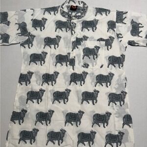 Unbranded White/Grey Goat AOP Kurta, Men's Small #916